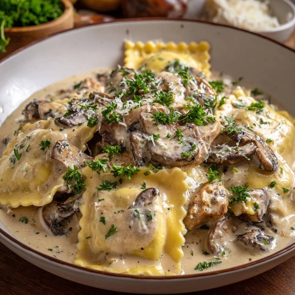 Creamy mushroom ravioli with a rich sauce and fresh parsley garnish, shown in a close-up view.