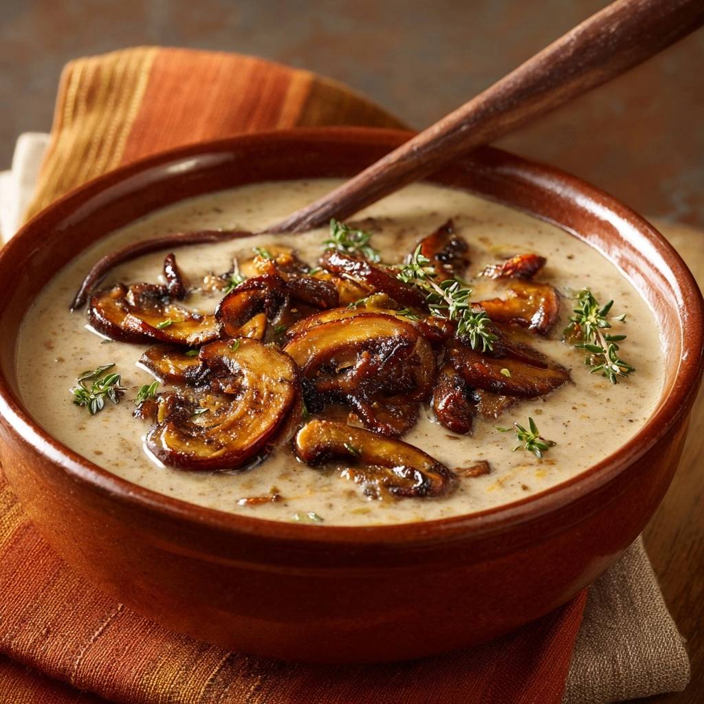 Creamy mushroom thyme soup in a rustic bowl, showcasing sliced mushrooms and fresh thyme garnish.