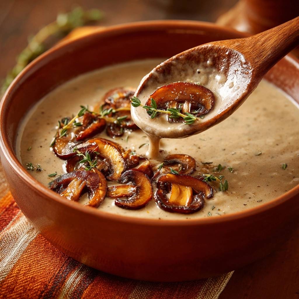 Creamy mushroom thyme soup with a spoonful being lifted, showcasing sliced mushrooms and fresh thyme garnish.