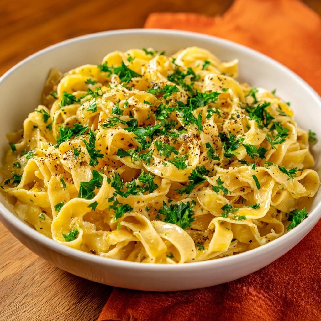 Creamy Parsley Egg Noodles with a close-up view of the fresh parsley garnish and cracked pepper.