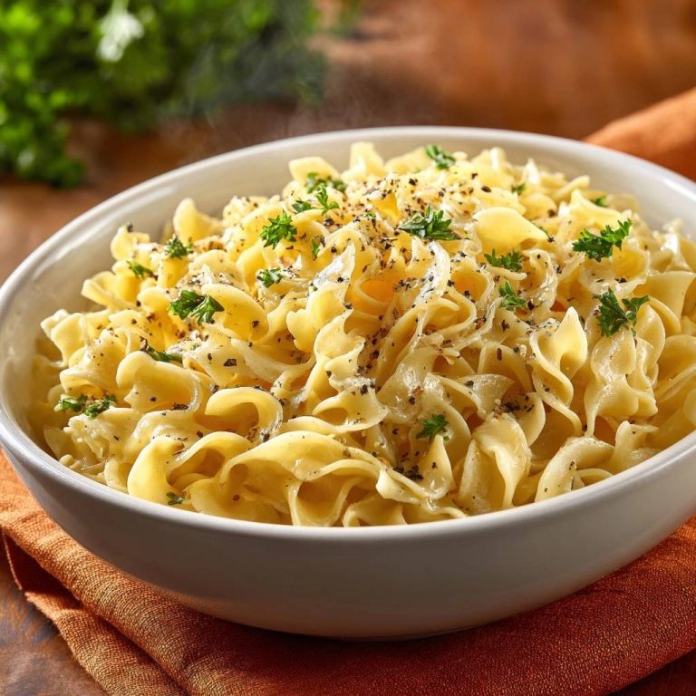 Creamy parsley egg noodles with black pepper and fresh parsley, steaming in a white bowl.