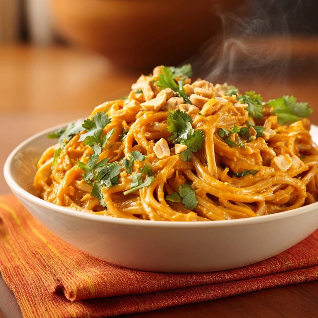 Creamy peanut noodles with a silky sauce, topped with peanuts and cilantro, steaming in a white bowl.