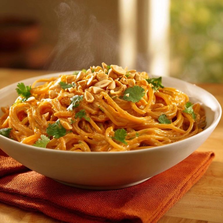 Creamy peanut noodles with a silky sauce, garnished with peanuts and cilantro, steaming in a white bowl.