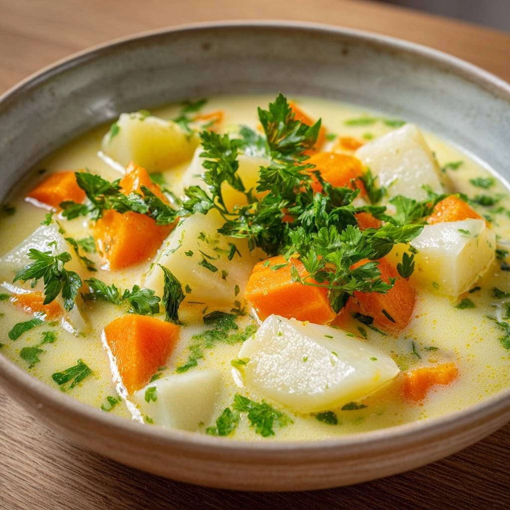 Creamy potato carrot soup without gluey texture, featuring a close-up view with fresh parsley garnish.
