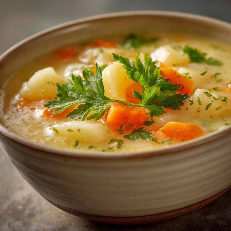 Creamy potato carrot soup without gluey texture, shown in a bowl with a close-up view highlighting fresh parsley garnish.