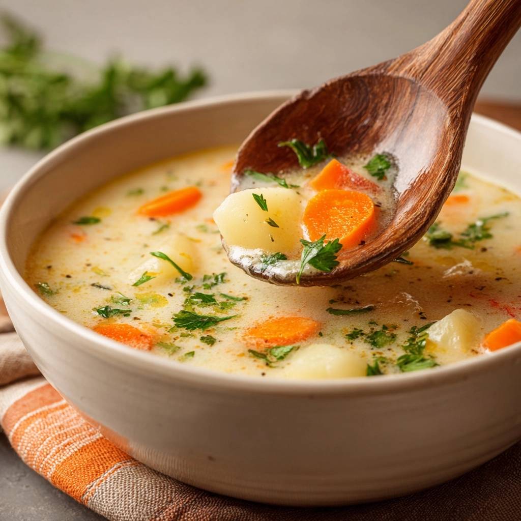 Creamy potato carrot soup shown in a bowl with a wooden spoon lifting a spoonful revealing potatoes and carrots.