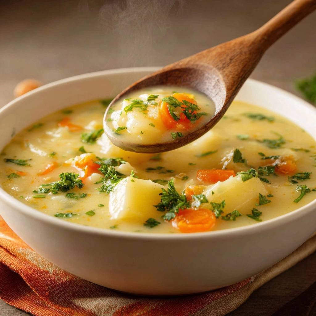Creamy potato carrot soup with a wooden spoon lifting a spoonful, showing chunks of potato, carrot, and parsley.