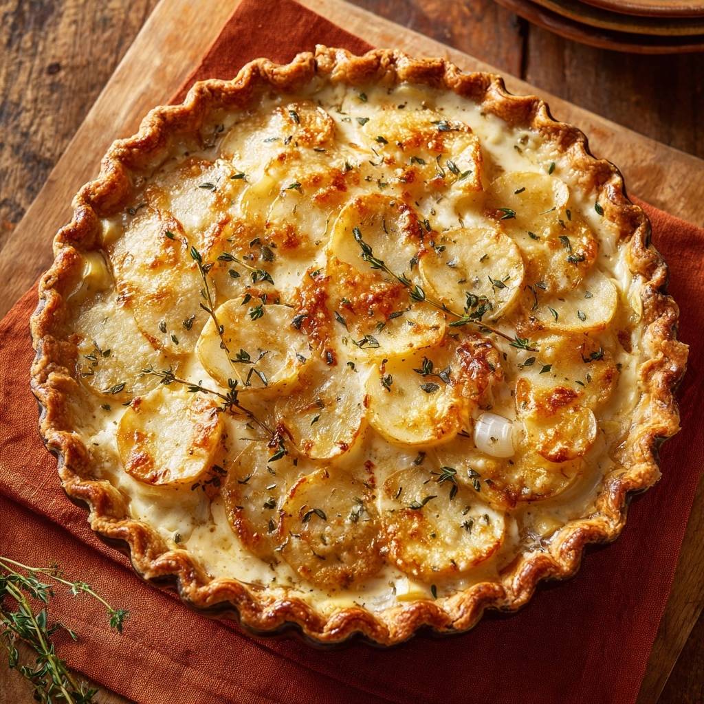 Creamy potato thyme tart with crisp crust mastery shown from a full overhead view, garnished with fresh thyme sprigs.