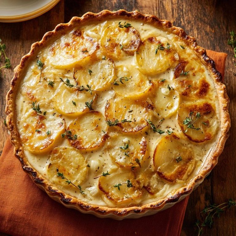 Creamy potato thyme tart with crisp crust shown in an overhead view, garnished with fresh thyme sprigs.
