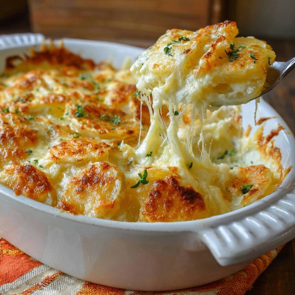 Creamy potatoes au gratin with a fork lifting a cheesy portion, showing a delicious pull of melted cheese.