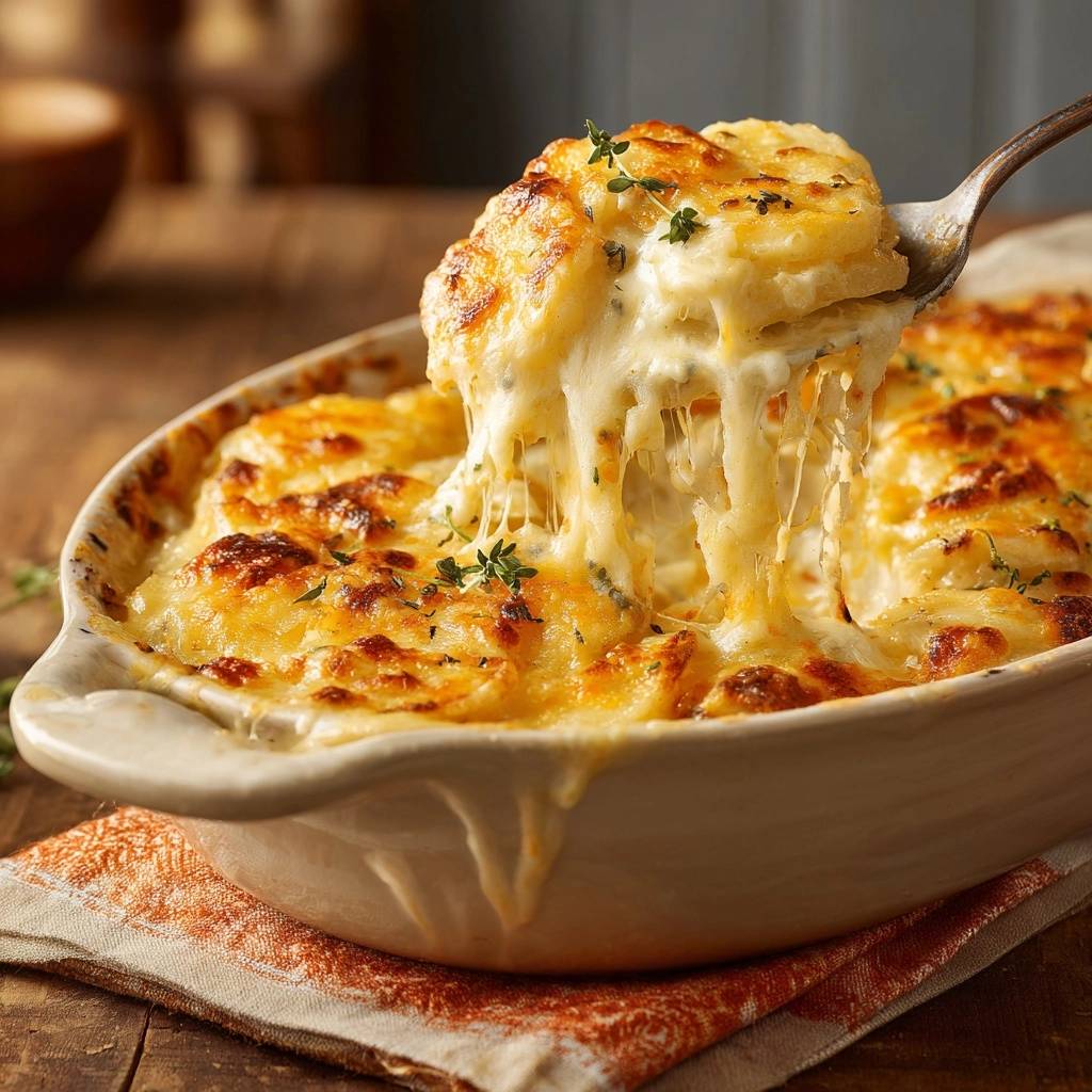 Creamy potatoes au gratin with a generous cheesy pull being lifted from the baking dish with a spoon.