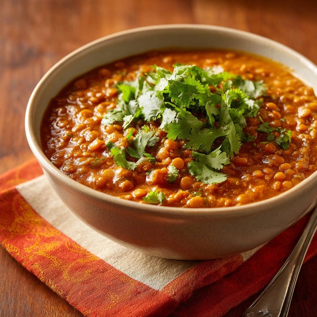 Creamy red lentil dal presented in a bowl, generously garnished with fresh cilantro leaves for a vibrant finish.