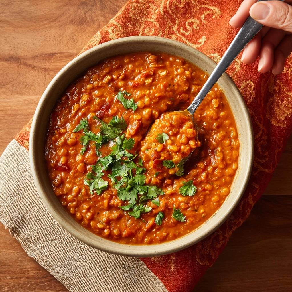 Creamy red lentil dal with a spoonful being lifted, garnished with fresh cilantro