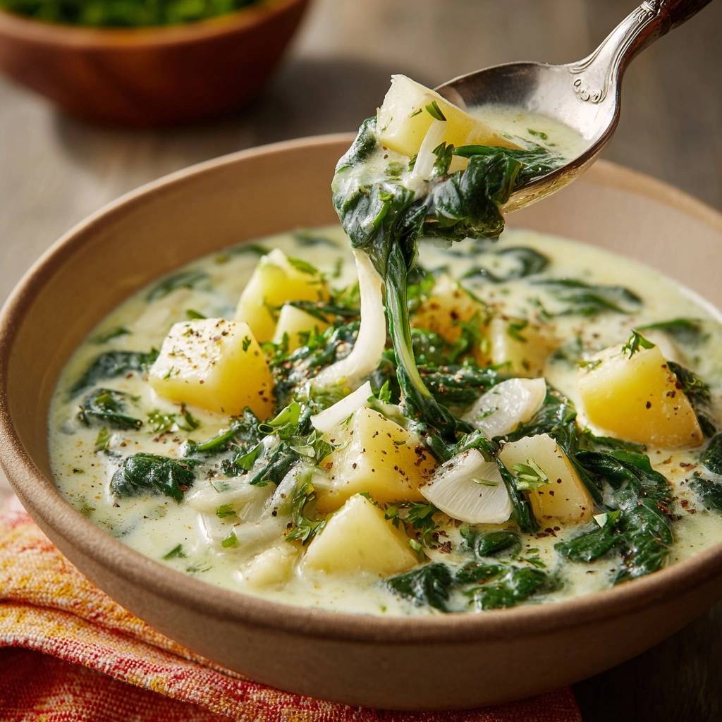 Creamy spinach potato soup shown in a bowl with a spoonful lifted, highlighting tender chunks and wilted greens.
