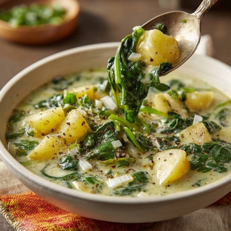 Creamy spinach potato soup with tender potato chunks and spinach being lifted on a spoon.
