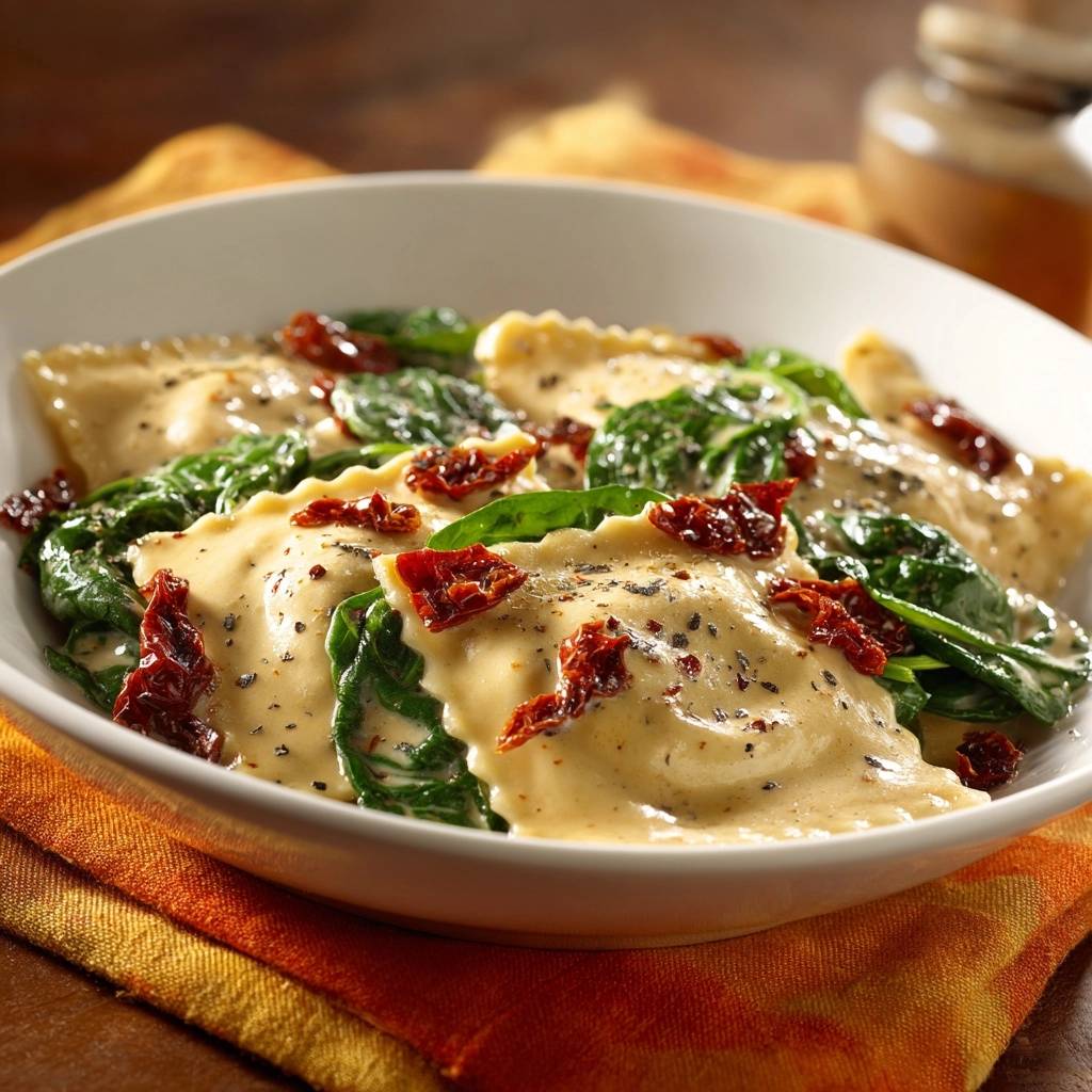 Creamy spinach sun-dried tomato ravioli in a white bowl, showing a close-up detail of the pasta and sauce.