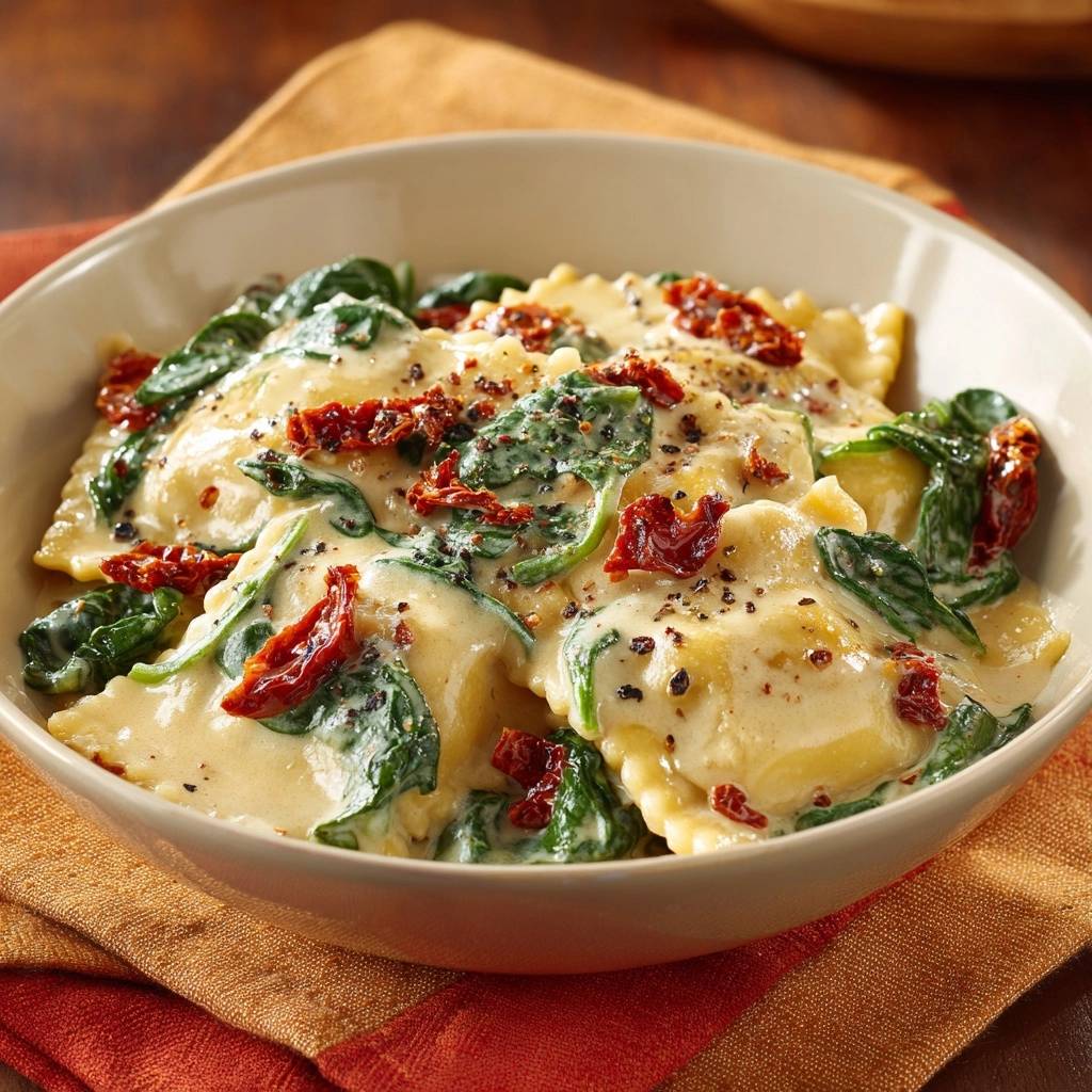 Creamy spinach sun-dried tomato ravioli served in a bowl, showcasing the rich sauce and vibrant ingredients.