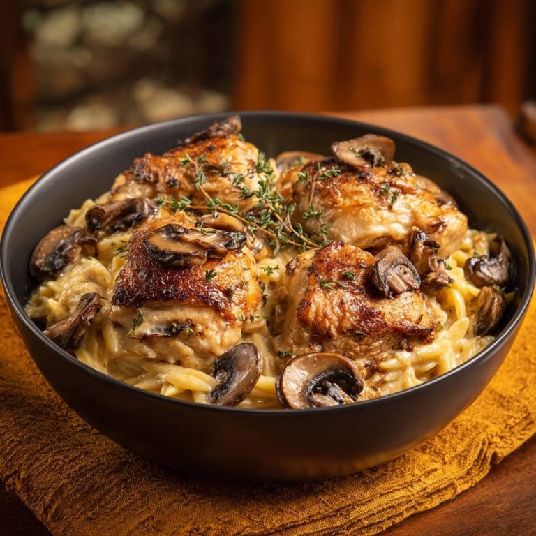 Creamy thyme chicken mushroom pasta served in a dark bowl with a close-up view of the chicken and mushrooms.