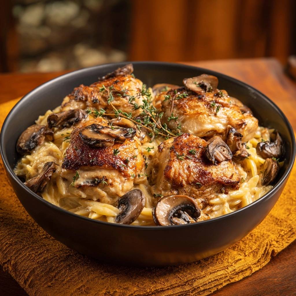 Creamy thyme chicken mushroom pasta served in a dark bowl with a close-up view of the chicken and mushrooms.