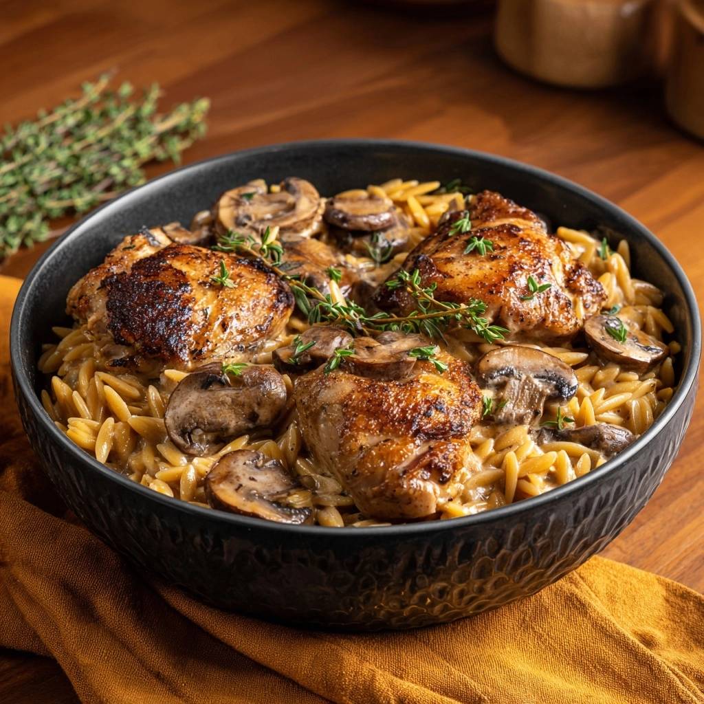 Creamy thyme chicken mushroom pasta served in a black bowl, showcasing tender chicken thighs and sautéed mushrooms over orzo.