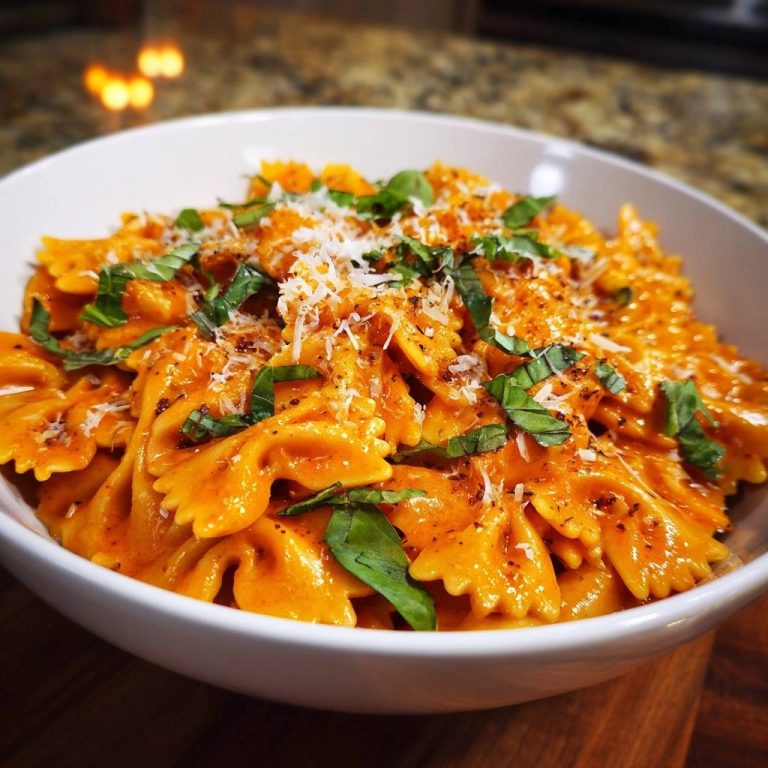 Creamy tomato farfalle with clinging sauce served in a white bowl, garnished with fresh basil and grated cheese.