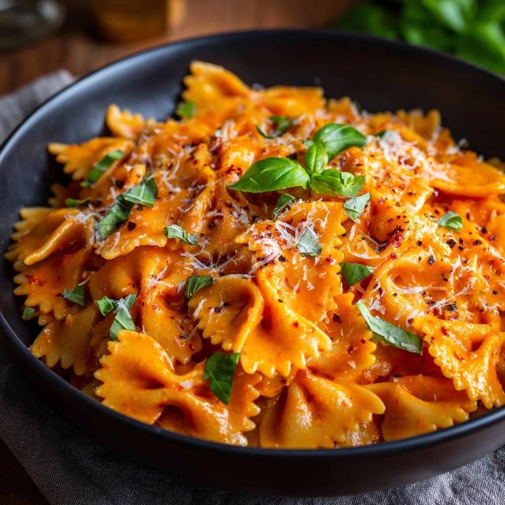 Creamy tomato farfalle with clinging sauce, artfully garnished with fresh basil and grated cheese.