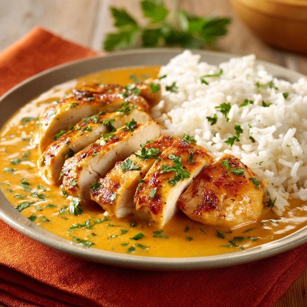 Creamy turmeric chicken and rice shown sliced close-up on a plate with fresh parsley garnish