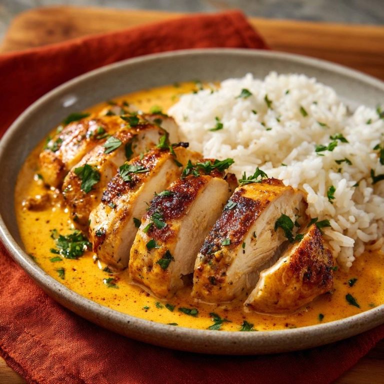Creamy turmeric chicken and rice, sliced chicken pieces in a rich sauce, garnished with parsley.
