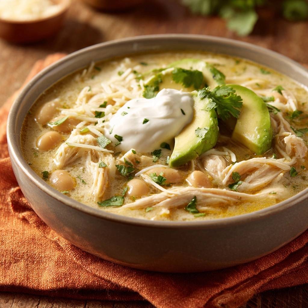 Creamy white chicken chili in a rustic bowl, topped with avocado, sour cream, and cilantro.
