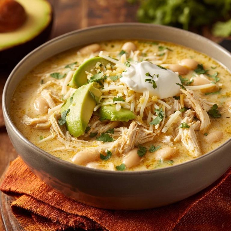Creamy white chicken chili in a bowl, generously garnished with avocado, cheese, and sour cream.