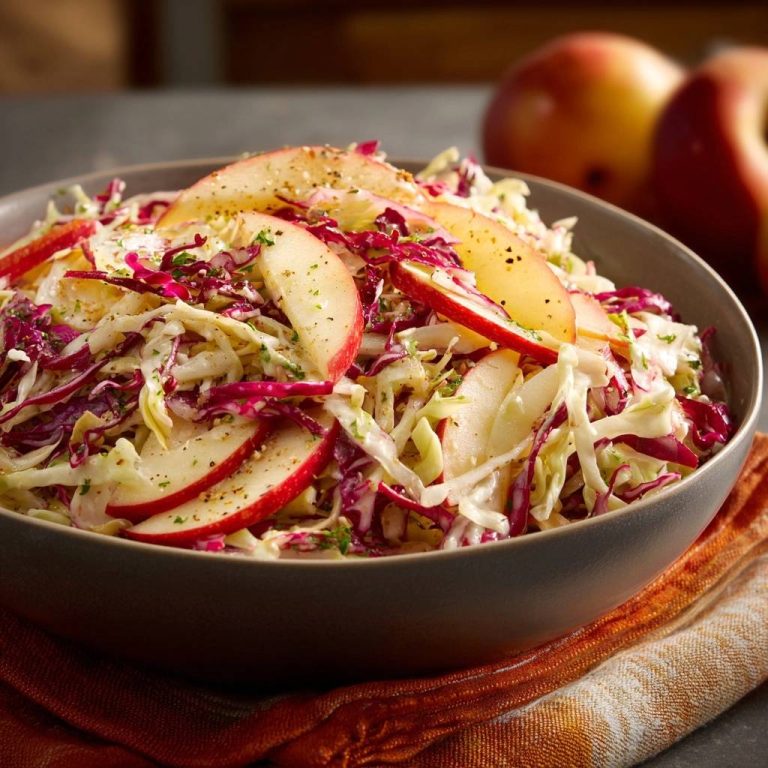 Crisp apple cabbage slaw in a bowl, topped with thinly sliced apples and a light dressing.