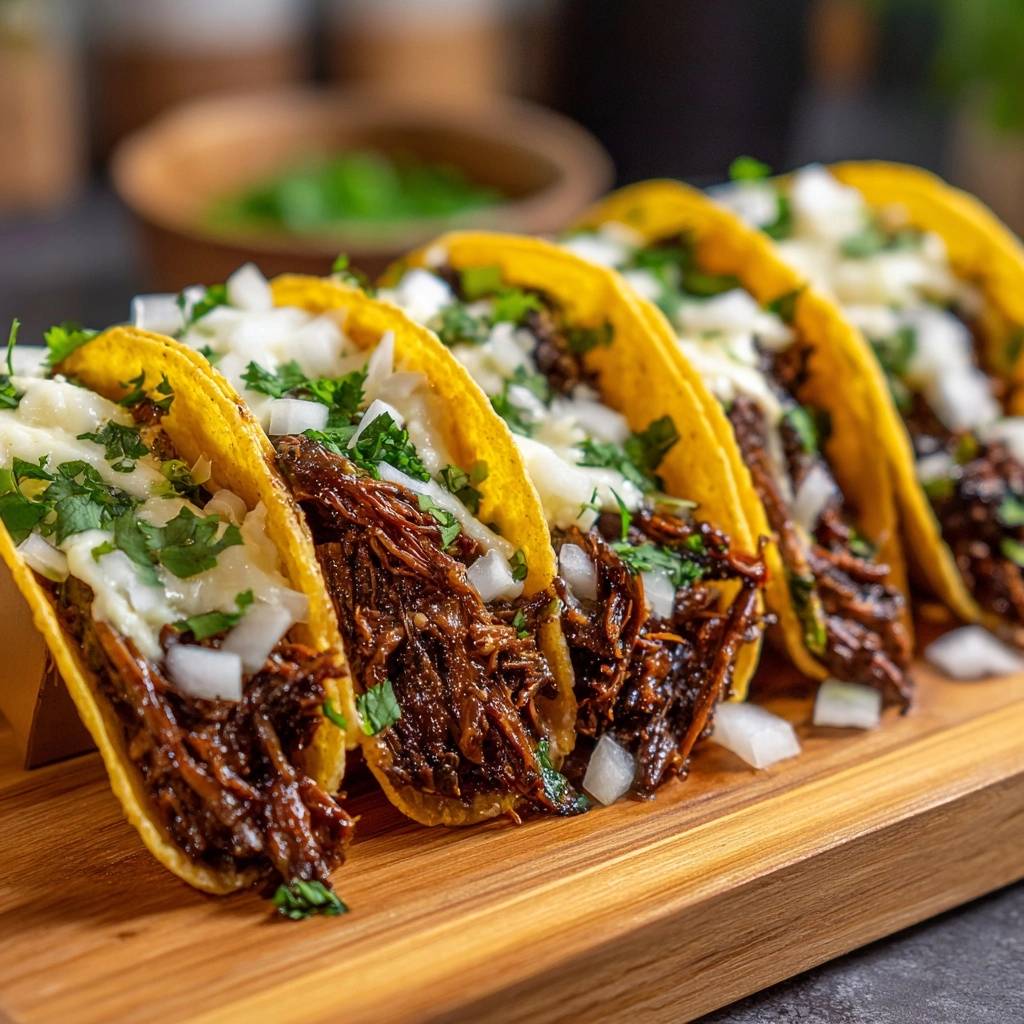Crispy birria tacos featuring a close-up view of the tender, shredded beef filling and a sprinkle of fresh toppings.