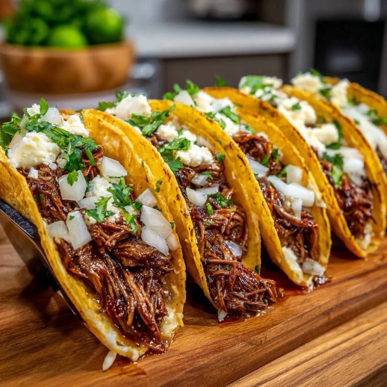Crispy birria tacos with shatter-crisp shells and juicy beef are lined up on a wooden board.