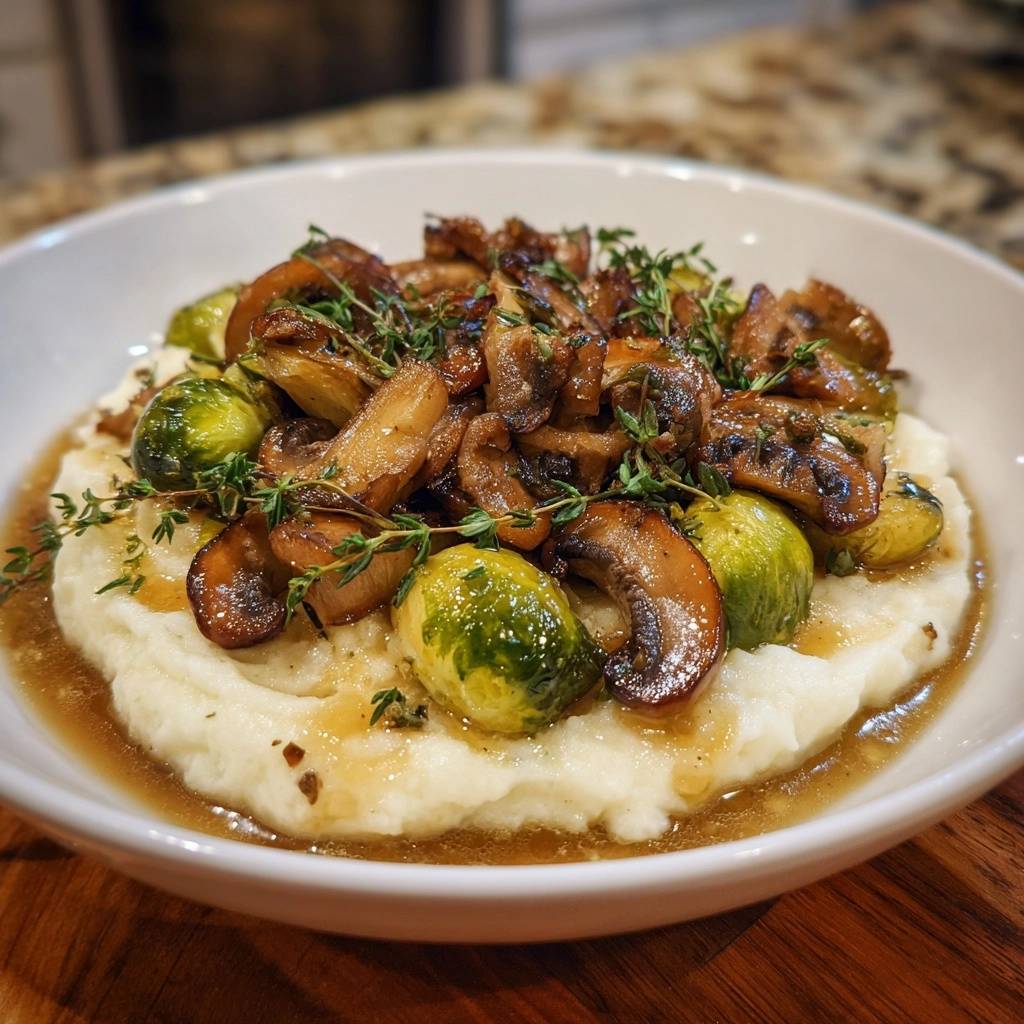 Crispy Brussels & Mushroom Mashed Potatoes Recipe, featuring a close-up of the savory mushroom and brussels sprout topping.