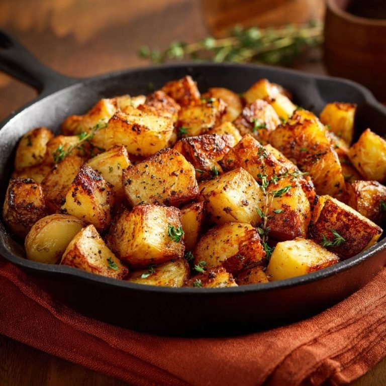 Crispy cast iron potatoes with fresh thyme garnish in a black skillet, presented in a close-up view.