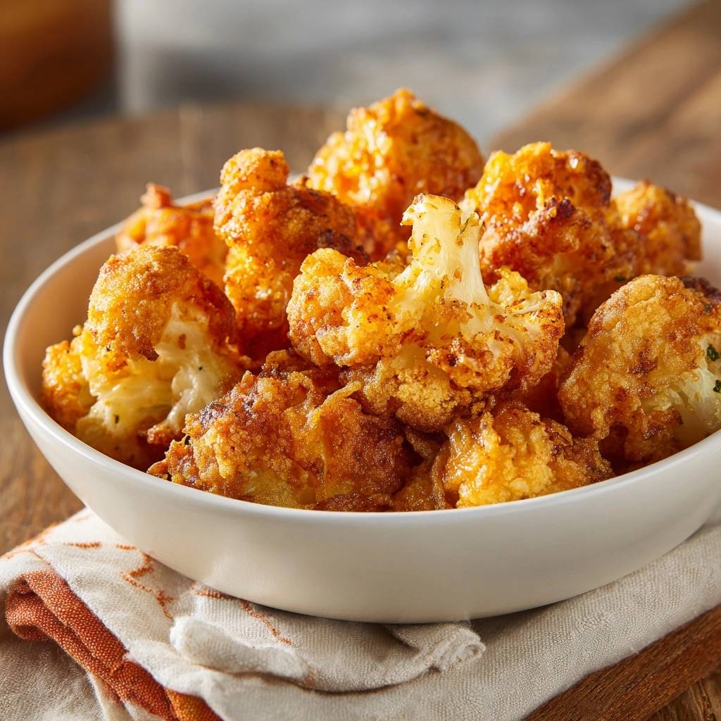 Crispy cauliflower nuggets shown in a white bowl, offering a close-up view of their golden-brown coating and florets.