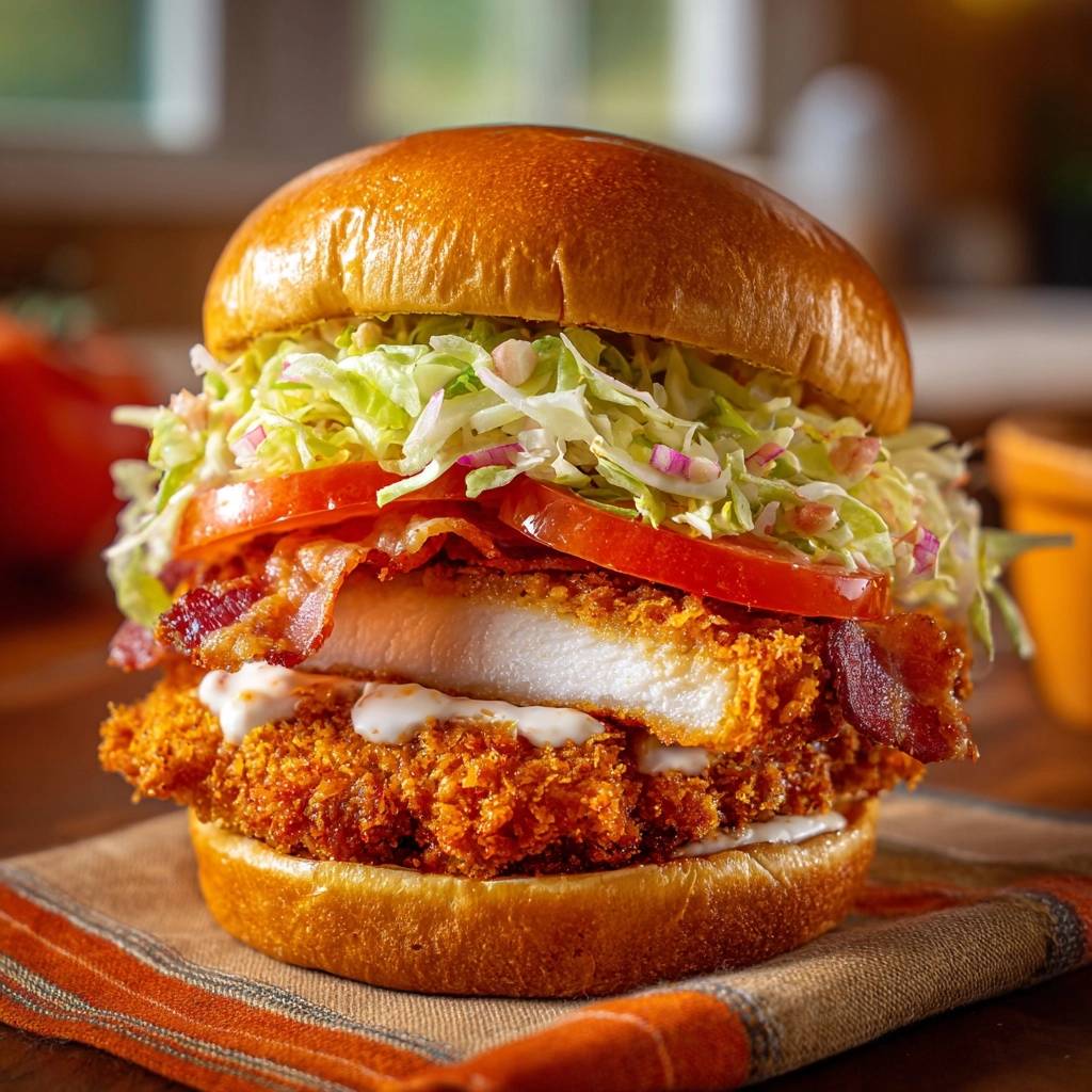 Crispy chicken bacon slaw burger shown in a cross-section revealing the thick chicken patty and bacon.