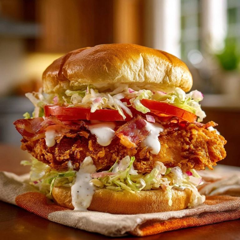 Crispy chicken bacon slaw burger shown in a close-up side view, showcasing layers of toppings and a toasted bun.