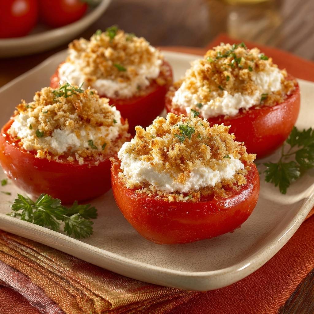 Crispy feta stuffed tomatoes plated four on a light-colored dish with garnish.