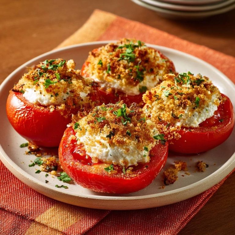 Crispy feta stuffed tomatoes plated and garnished with fresh parsley, shown from a slight overhead angle.