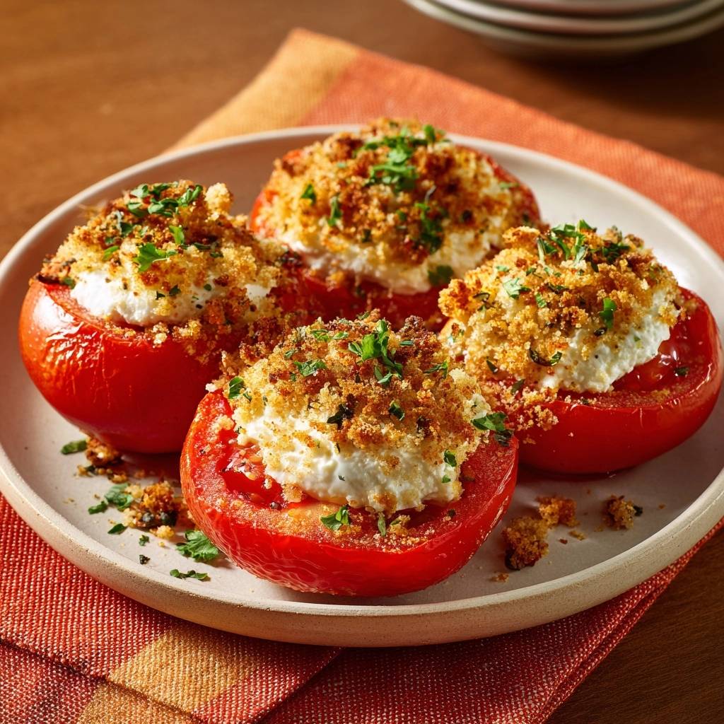 Crispy feta stuffed tomatoes plated and garnished with fresh parsley, shown from a slight overhead angle.