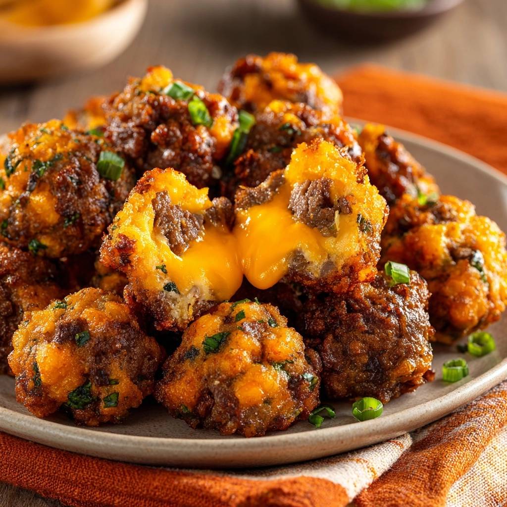 Crispy fried cheese balls with a gooey, melted cheese interior, showcasing the cheese pull.