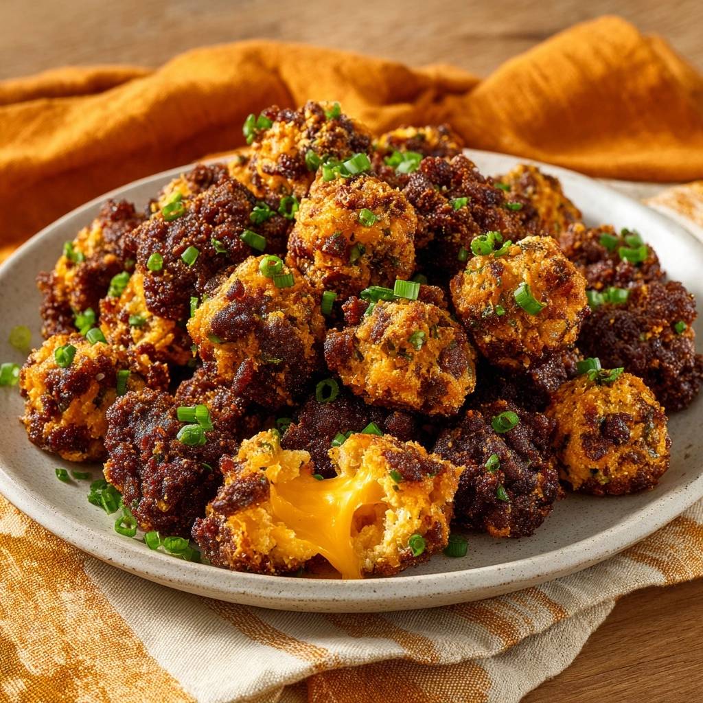 Crispy fried cheese balls with a gooey, melted cheese interior, garnished with green onions.