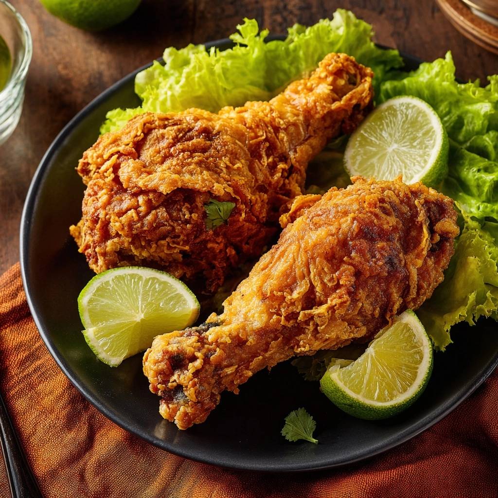 Crispy fried chicken drumsticks plated with fresh lettuce and lime wedges, showcasing their golden-brown exterior.