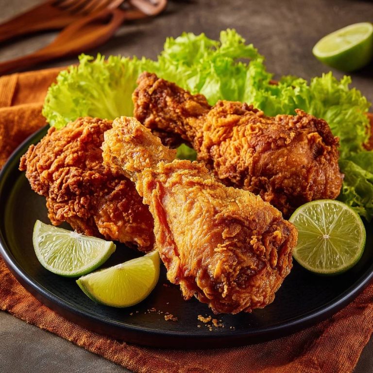 Crispy fried chicken drumsticks plated with fresh lettuce and lime wedges, showcasing a golden-brown crust.