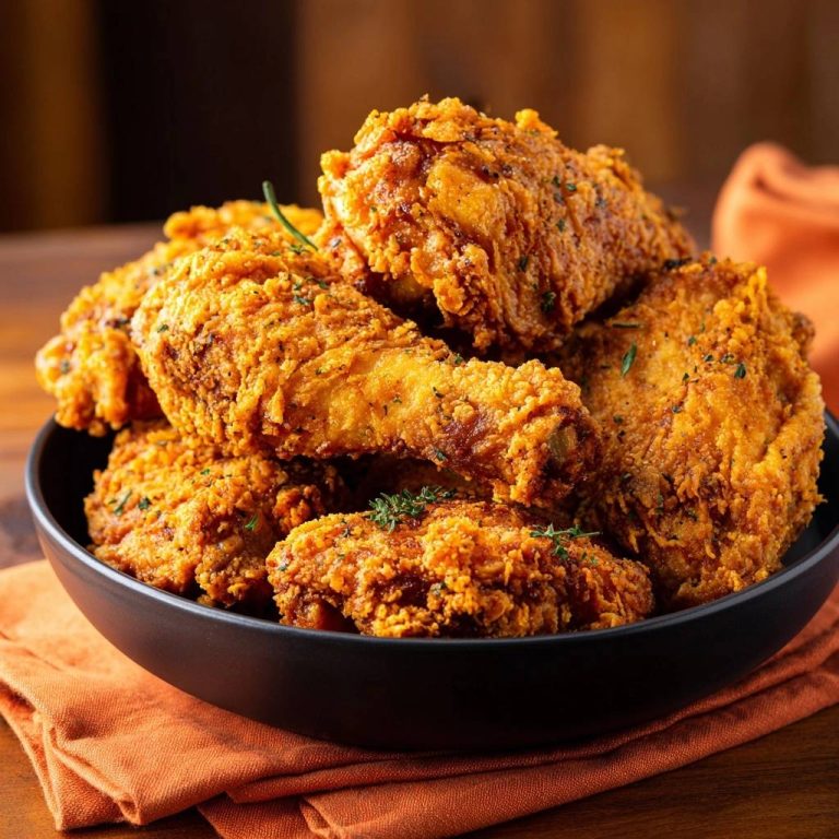 Crispy fried chicken thighs shown in a black bowl with a close-up view highlighting their golden-brown, textured coating.