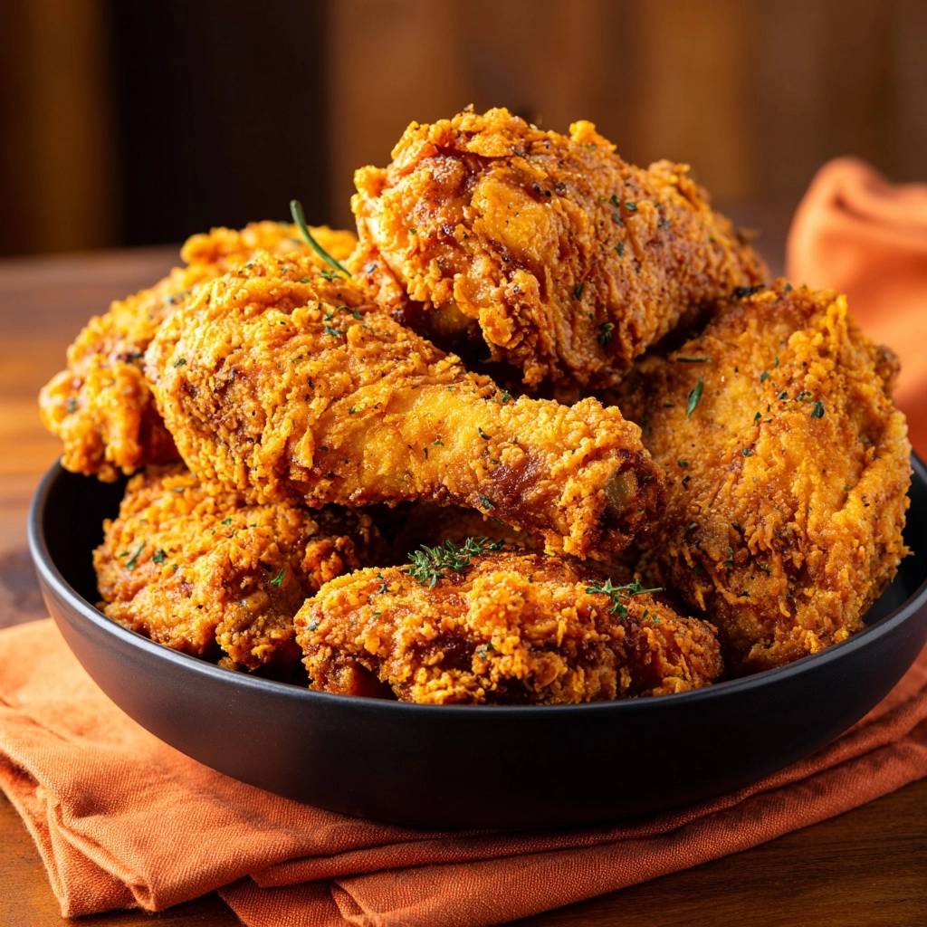 Crispy fried chicken thighs shown in a black bowl with a close-up view highlighting their golden-brown, textured coating.