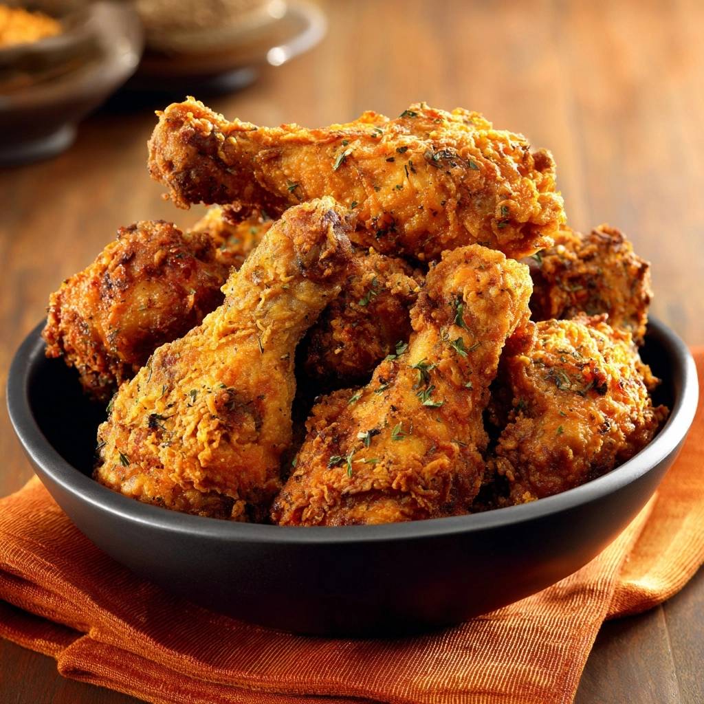 Crispy fried chicken thighs piled high in a dark bowl, seasoned with herbs and viewed from a close-up angle.