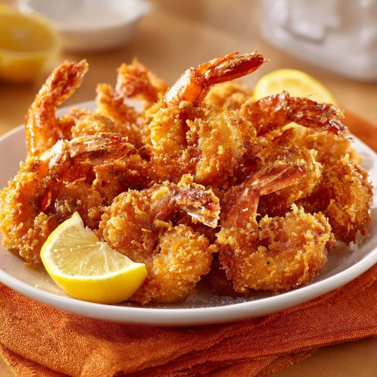Crispy fried shrimp with lasting crunch served on a white plate with lemon wedges and an orange napkin.