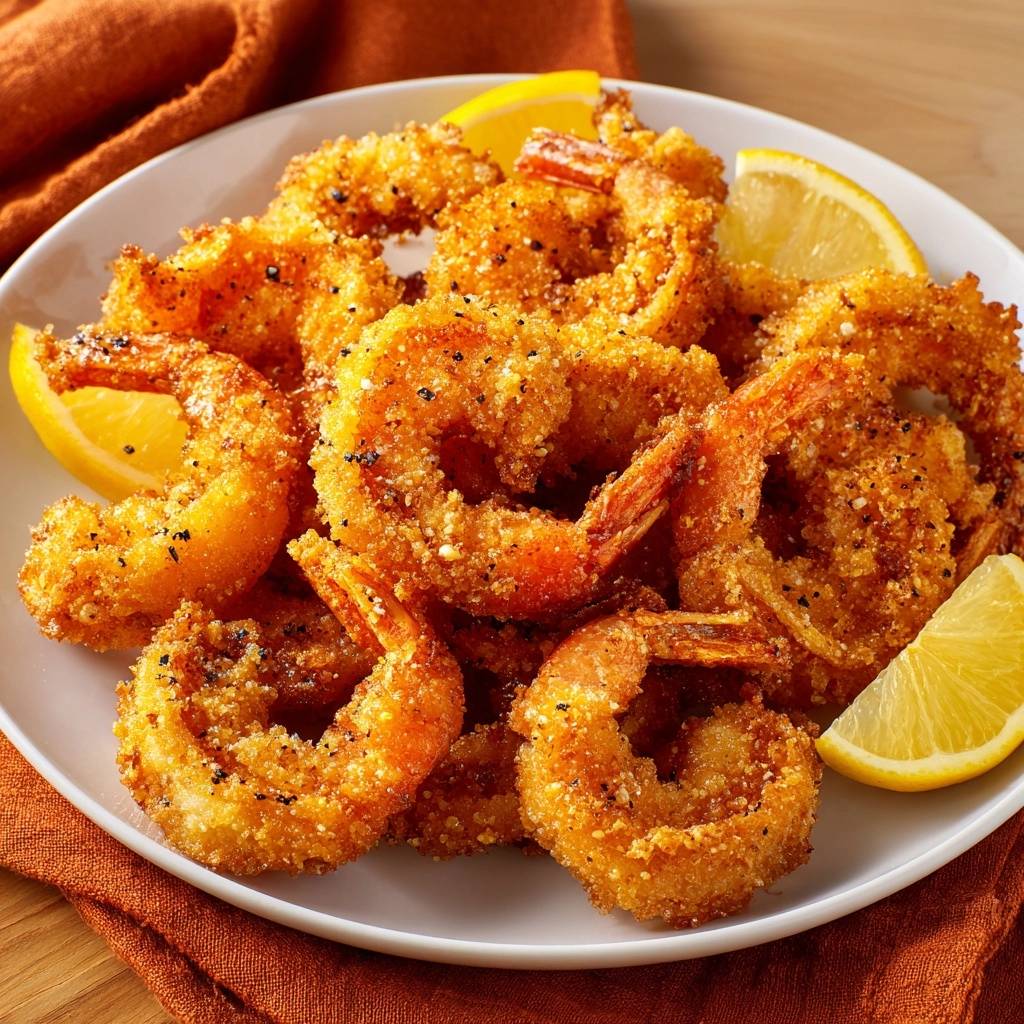Crispy fried shrimp with lasting crunch served on a white plate with lemon wedges on the side.